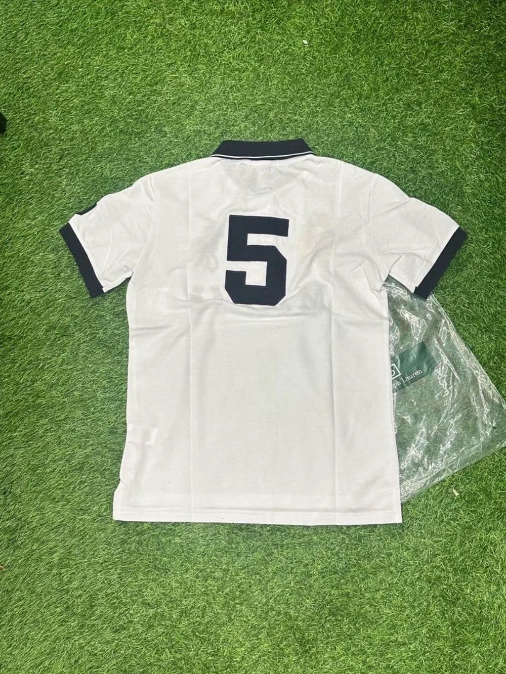 Ralph Lauren White Polo Shirt with Navy Trim and Miami Crest